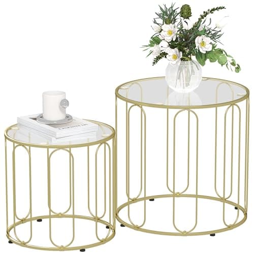 Image of HOMCOM Round Coffee Table Set of 2, Glass Nest of Tables with Metal Frame and Glass Tabletop for Living Room, Gold Tone