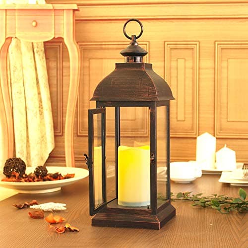 Image of WRalwaysLX Decorative Lantern with Dancing Flame LED Timer Candle, Giant Lantern for Outdoor Garden/Indoor Use, Door- opening 41cm Lantern, Plastic with Brozen Undertone (Square&Giant)