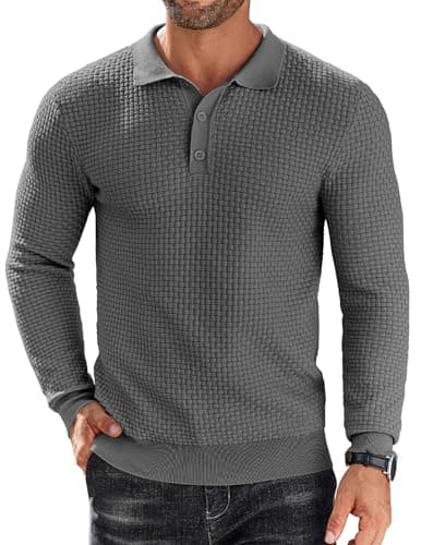 Image of COOFANDY Long Sleeve Knitted Polo Shirts Mens Jumpers Waffle Sweater Casual Winter Pullover Regular Fit Dark Grey M