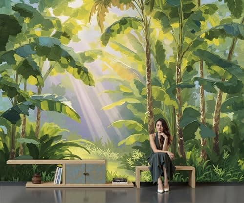 Image of WIVCOMD Tropical Jungle Banana Tree Sunshine Wallpaper for Living Room Fireplace, Oil Painting Style Panoramic Wallpaper Mural - Green Large Wall Poster Decoration, 400 x 280 cm