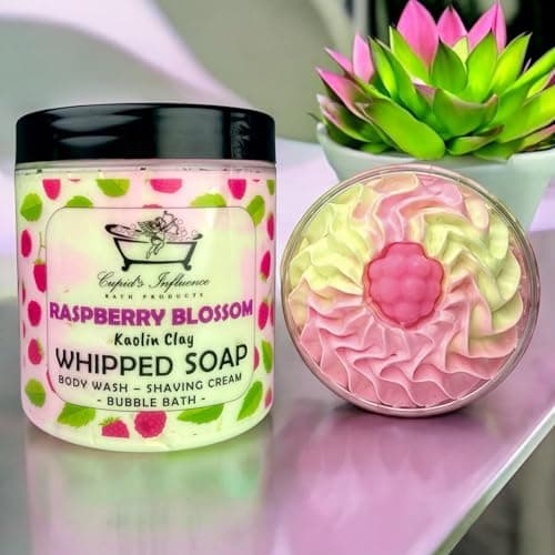 Image of Raspberry Blossom Whipped Soap | Luxurious Kaolin Clay Body Wash | Shower Fluff | Shaving Foam | Shower Cream | Raspberry Bubble Bath | Raspberry Body Wash | Shower Whip