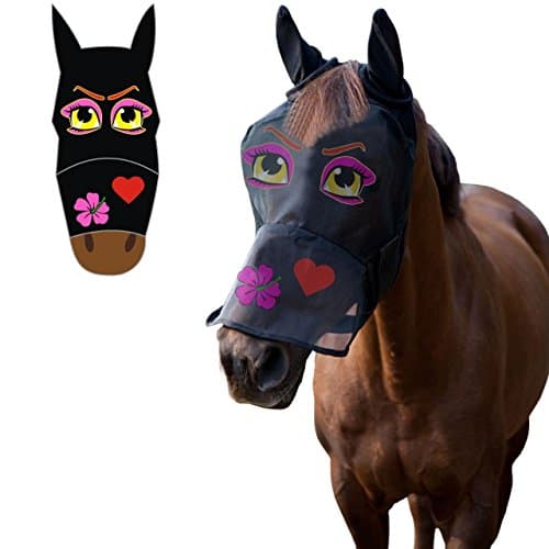 Image of LTG PRO Horse Pony Fly Mask Full Face – Cartoon Funny Print Breathable Mesh with Ears Nose Protection, Anti-Rub Eye Darts, UV Insect Shield – Pony/Cob/Full Sizes (Cartoon Pink Eyes, Cob)