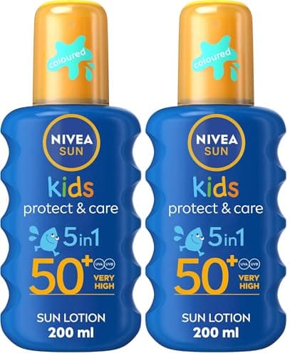 Image of NIVEA SUN Kids Protect & Care SPF 50+ Coloured Spray (200ml), Sunscreen Protects Delicate Skin Against Sunburn and Long-Term UV Damage, Fast-Absorbing No White Cast Sun Lotion (Pack of 2)