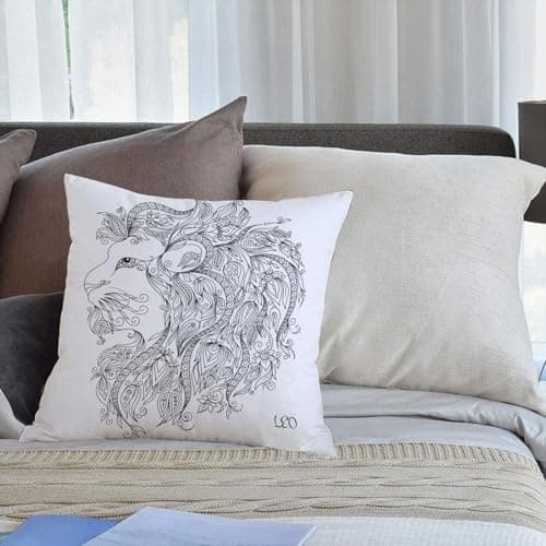 Image of KHWEJ Cushion Covers Square Throw Pillow Case Printed Soft Pillowcases for Outdoor Patio Sofa Balcony Living Room,Zodiac,Visage of Zodiac Leo with Flowers on Hair King of Forest Horoscope Th,18x18 in