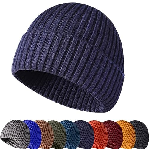 Image of Enwokran Winter Beanie Hat,Unisex Stretchy Soft Cuffed Skullcap,Daily Thermal Striped Comhats Roll up Edge Outdoor Ski (Z_Navy)