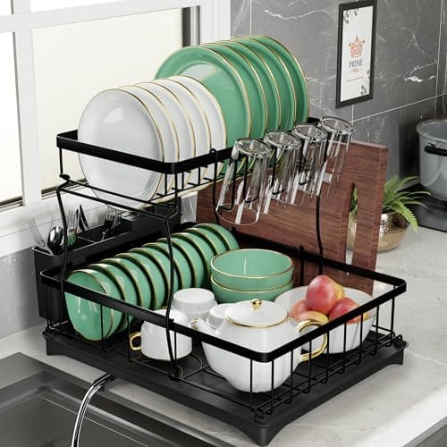 Image of PRIME FEEL 2 Tier Dish Drainer Rack, Rustproof Dish Drying Rack for Kitchen Countertop, Draining Board Rack with Drip Tray, Cutlery Drainer, Glass Holder & Chopping Board Rack, (Black)