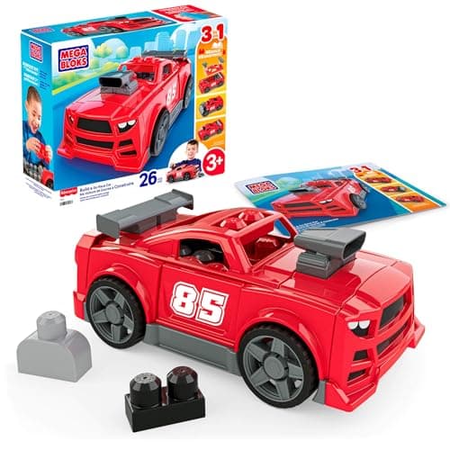 Image of MEGA BLOKS Toddler Vehicle Block Toys Set, 3 in 1 Build & Go Race Car with 26 Pieces and Rolling Wheels, Pickup Truck and Hot Rod Rebuild, Red, Ages 3+ Years, JKG35
