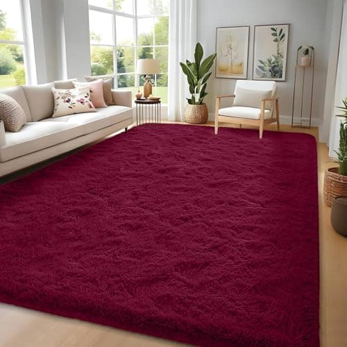 Image of FVVRAX 150x240cm Burgundy Red Shaggy Rug – Soft Fluffy Area Rug for Living Room & Bedroom, Non-Slip Plush Carpet for Kids, Nursery, Dorm, Machine Washable Large Floor Mat