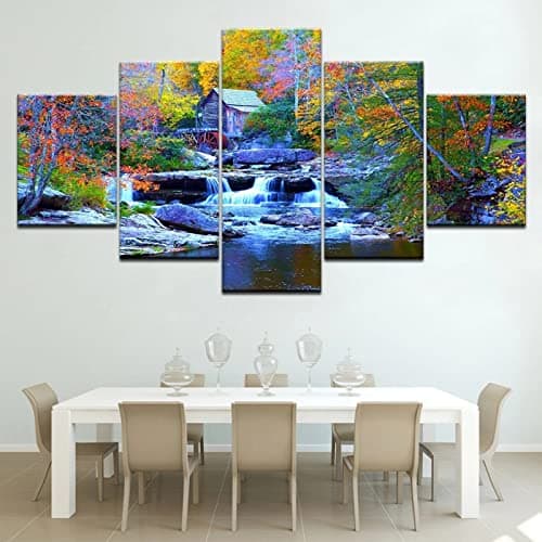 Image of 5 Pieces Wall Art 5 Panel Wall Art Canvas Painting Beautiful Colorful Tree Waterfall Forests Nature Landscape For Modern Bedroom,Living Room,Office Wall Decoration,Gift Large Size Framed Artwork