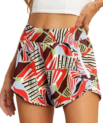 Image of PrinStory Women's 2 In 1 Running Shorts Soft Liner Quick Dry Athletic Gym Workout Shorts With Zipper Pockets (Abstract Flame, XL)