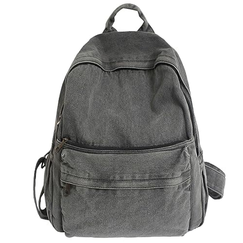 Image of Fiorky Denim Backpack for Women Men Vintage Grunge Backpack Denim Leisure Backpack Solid Students Travel Daypack Large Capacity Zipper Vintage Backpack for Outing Hiking Shopping Casual