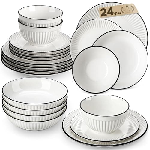 Image of MALACASA 24-Piece Embossed Porcelain Dinner Set for 6, Includes Dinner Plates & Soup Bowls, Chip and Scratch Resistant, Microwave and Dishwasher Safe, Elegant White and Black Rim, Series Leila