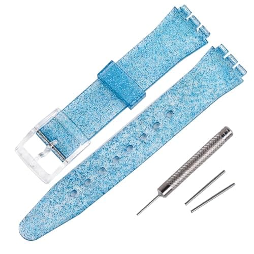 Image of Rihahisy Silicone Rubber Watch Strap/Watch Band Replacement for Swatch (17mm, Sparkle LightBlue)