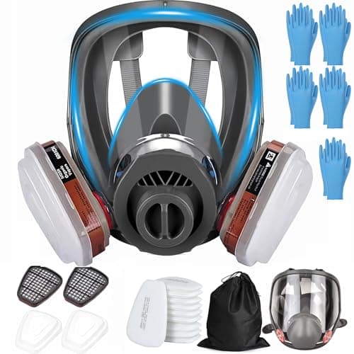 Image of SGIXBE Full Face Respirator Mask, Reusable with Replaceable Filters, Anti-fog, Black, Silicone, for Welding, Spray Painting, Chemical Handling (Full Face+10 filter+5 Gloves)