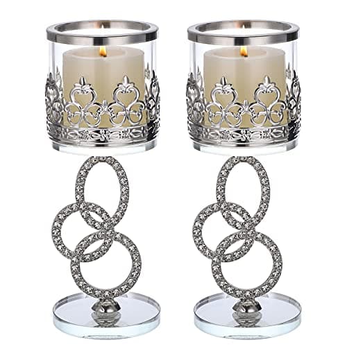 Image of Tolida Crystal Glass Tea Light Votive Candle Holder Set of 2 Decorative Clear Glass Aromatherapy Candle Holder for Wedding Birthday Christmas Halloween Party, 18cm, Silver