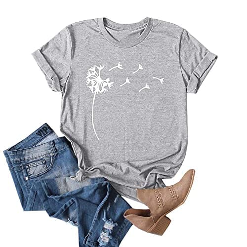 Image of Cicy Bell Women's Dandelion Print T Shirts Cute Graphic Short Sleeve Shirt Crew Neck Cotton Tees Summer Tops Grey S