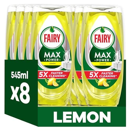 Image of Fairy MaxPower Washing Up Liquid Lemon 8 x 545 ML, Easy & Effortless Cleaning, Even On Your Greasiest Pots & Pans