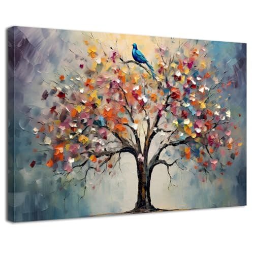 Image of Framed Colourful Tree of Life Wall Art for Living Room Decor Vintage Floral Tree Painting Pictures 30x40 cm Abstract Blossom Flower Canvas Prints Minimalist Artwork for Bedroom Office Home Decoration