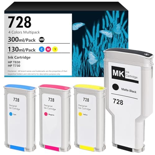 Image of 728 Ink Cartridges 4-Pack (300-ml Matte Black / 130-ml Cyan/Magenta/Yellow) Compatible 728 Ink Cartridge Replacement for HP DesignJet T830/T730 Large Format Plotter Printer