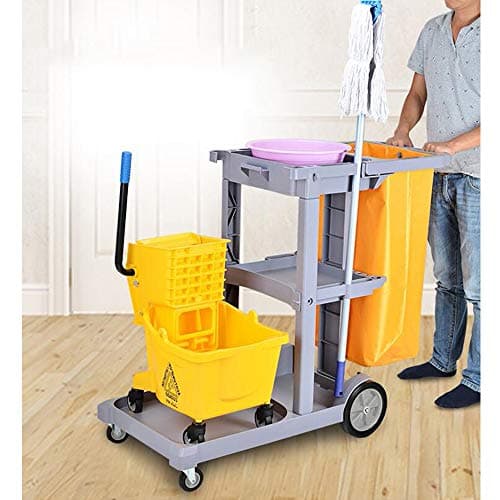 Image of tonchean Cleaning Trolley on Wheels, Commercial Janitorial Cart with Removable Waste Bag, Heavy Duty Housekeeping Trolley Janitor-Housekeeping Carts, Grey