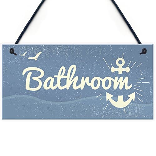 Image of Red Ocean Bathroom Toilet Hanging Plaque Seaside Nautical Accessories Shabby Chic Vintage Door Sign Gift