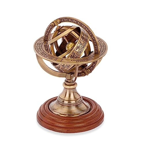 Image of NKlaus Armillary Sphere Antique Brass on Wooden Base 14 x 8 cm Astronomical Armillary Globe 14638