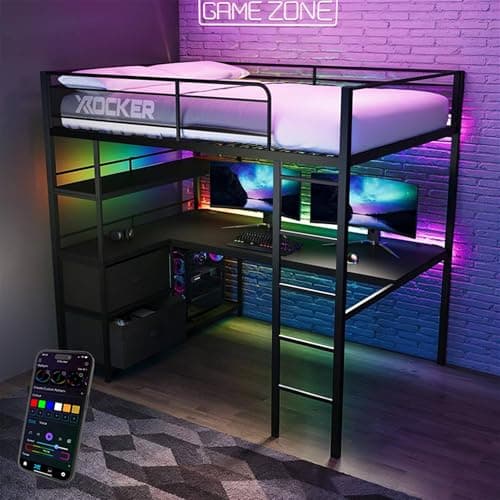 Image of X-Rocker Battlebunk 4ft6 Double, RGB LED Bunk Bed - Neo Motion™ Sync App-Controlled Lights, XL Desk & PC Storage Shelf, High Sleeper, Sturdy Metal Frame for Kids & Teens - Black - 135x190cm