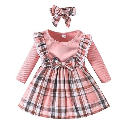 Image of M9ppzzur7 Toddler Baby Girls Dresses Flying Long Sleeve Tutu Dresses Rib Knit Patchwork Plaid Princess Dress with Headband Spring Fall Winter Clothes (Pink, 2-3 Years)