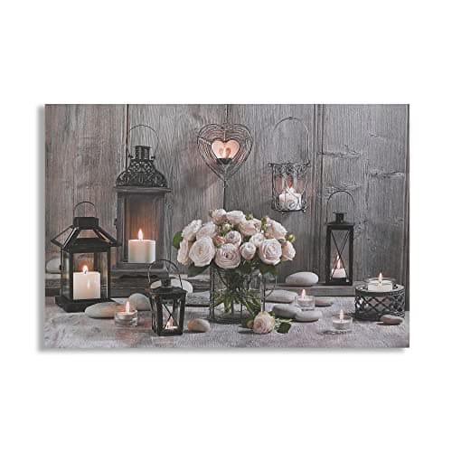 Image of Art For The Home Cosy Cottage LED Printed Canvas - Natural, Grey & Pink Wall art - Framed LED Canvas - Traditional wood & floral photographic design - Smooth texture - Cover for small cracks
