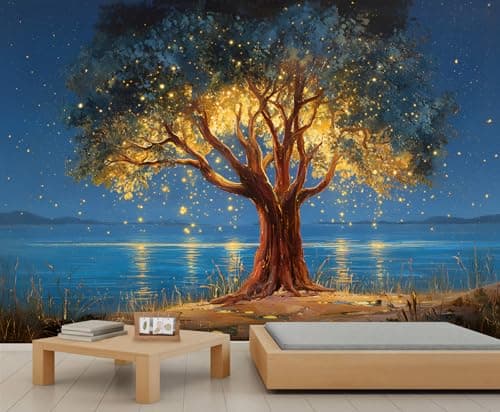 Image of Abstract Enchanted Tree Wallpaper Blue Sky Kids Wallpaper Night Landscape Painting Wall Mural Lake and Reflection Wall Paper for Girls Bedroom Mural for Kids Bedroom Living Room 350X256cm