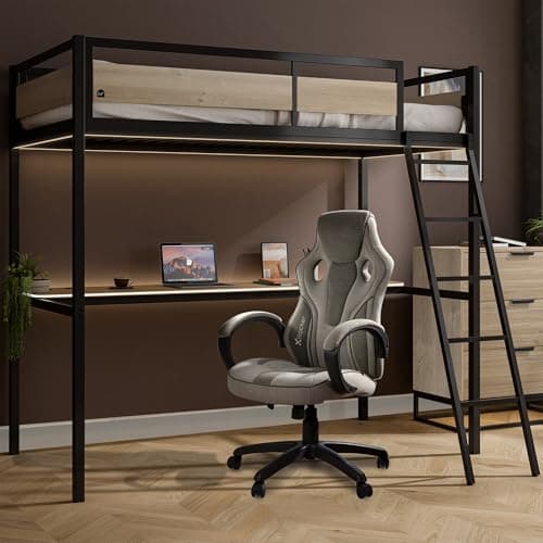 Image of XR Living Denver 3ft Single, High Sleeper Bunk Bed - App Controlled LED Lights, Gaming Desk & PC Storage Shelf, Wireless Charging, Sturdy Metal Frame for Kids & Teens - Oak & Black - 90x190cm
