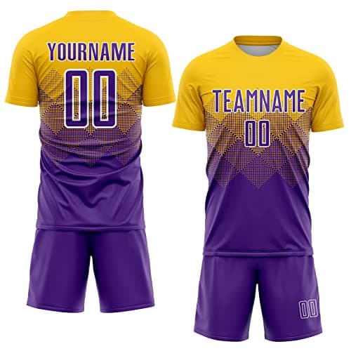 Image of Personalised Yellow and Purple Gradient Style Football Shirts Sports Team Kit Printed Name Logo Number, Customised Sports Soccer Volleyball Jerseys, Design T-Shirts and Shorts Set for Men Women Youth