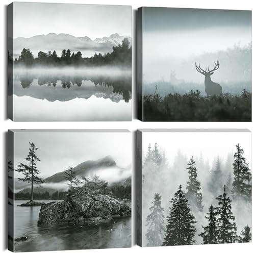 Image of Artscope 4 Pieces Wall Art Canvas Prints - Forest and Mist Picture Painting- Modern Wall Artwork Framed for Bathroom Home Office Decor - 30 x 30 CM