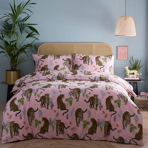 Image of Portfolio Home Night Jaguar Animal Print Pink Double Soft Easy Care Bed Linen Bedding Duvet Cover Quilt Set With Pillow Cases