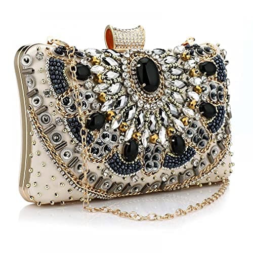 Image of Milky Way Womens Beaded Clutch Bag Party Prom Evening Wedding Clutch Bag Purse, Ladies Shoulder Bag Crossbody Bag with Chain Strap Evening Handbag (Gold)
