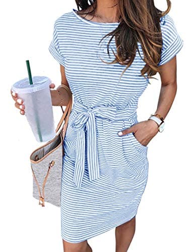 Image of MEROKEETY Women's Summer Striped Short Sleeve T Shirt Dress Casual Tie Waist with Pockets, Blue, M