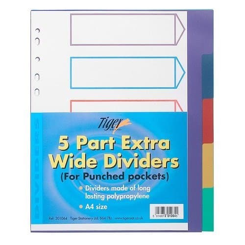 Image of Tiger A4 5 part extra wide dividers for use with punched pockets