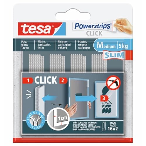 Image of tesa Powerstrips Click - Adhesive Pads for attaching and Removing Picture Frames and wall Decorations Without Drilling - self-Adhesive Strips with ON and Off Click System - Slim - 16 x 2 Pieces