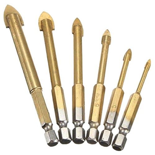 Image of NUZAMAS Set of 6 Titanium Coated Glass Drill Bits Set with 1/4" Hex Shank for Ceramic Tile Marble Mirror and Glass, 4mm 5mm 6mm 8mm 10mm 12mm