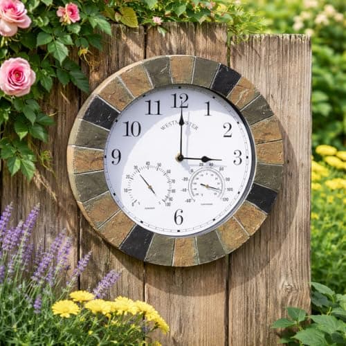 Image of Homezone Modern Round Shape Slate Effect Wall Clock - Power Operated Waterproof and Weatherproof Large Garden Clock - Indoor or Outdoor Decorative Ornament Clock for Living Room, Home Decor (35cm)