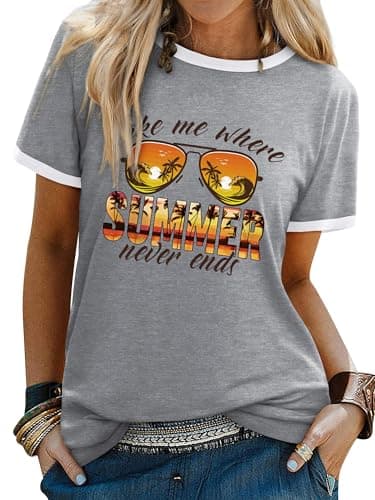 Image of Dresswel Women Take Me Where Summer Never Ends T-Shirt Vintage Palm Graphic Print Short Sleeve Crew Neck Tee Shirts Ladies Summer Tops