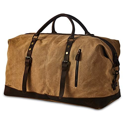 Image of BRASS TACKS Leathercraft Waxed Canvas Duffel Bag for Men Women Oversized Travel Tote Duffel Shoulder Weekend Bag with Genuine Leather Trim, Vintage Weekender Overnight Carryon Handbag(Brown)