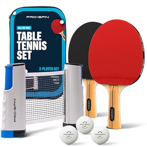 Image of PRO-SPIN Portable Ping Pong Set with Retractable Ping Pong Net for Any Table, All-in-One Table Tennis Set with Table Tennis Bats, Balls & Case, TableTop Family Game (Red, 2-Player Set)