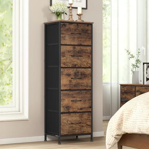 Image of SONGMICS Chest of Drawers, 5 Fabric Drawers Storage Unit, Steel, MDF, Non-Woven Fabric, for Bedroom, Closet, Hallway, Living Room, Rustic Brown and Ink Black LGS315BH04