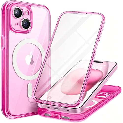 Image of TIESZEN for iPhone 15 Case, Compatible with MagSafe, Built-in Privacy Screen Protector and Camera Protection, Anti Spy Full Body Dustproof Shockproof Hard Phone Case 6.1", Fluorescent Pink