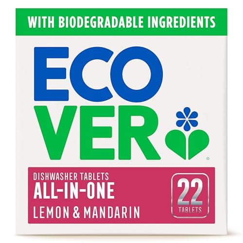Image of Ecover All in One Dishwasher Tablets, Contains Salt & Rinse Aid, Powerful Cleaning, Lemon & Lime Scent, Pack of 1, 22 Tablets