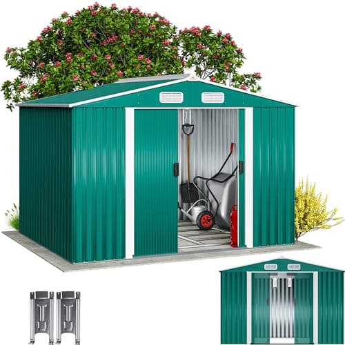 Image of GARDEBRUK® 8x6ft Metal Garden Shed with Foundation, Outdoor Equipment Store for Garden Furniture, Apex Roof, Bike Shed with 96cm Sliding Door, Galvanised Steel Shed for Tools, 260x205x180cm, Green