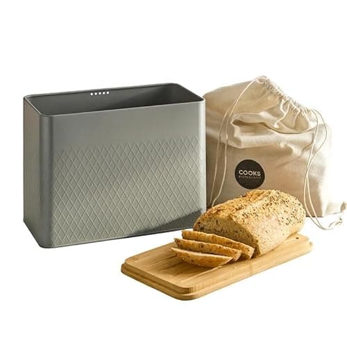 Image of Cooks Professional Bread Bin with Linen Bag & Bamboo Cutting Board Lid | Modern & Stylish Diamond Pattern | Breathable Rectangular Countertop Food Storage Canister for Loaves, Rolls, Pastries | Grey