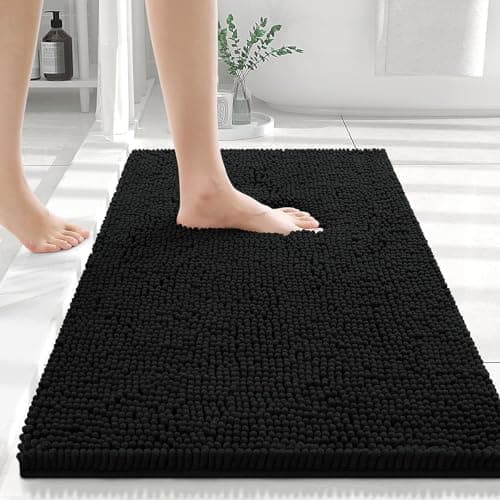 Image of smiry Chenille Bath Mat, 40 x 60 cm, Non-Slip Super Absorbent Bathroom Mat Extra Soft Fluffy Bath Mats for Bathroom Thick Machine Washable Bathroom Floor Mats Rugs, Black