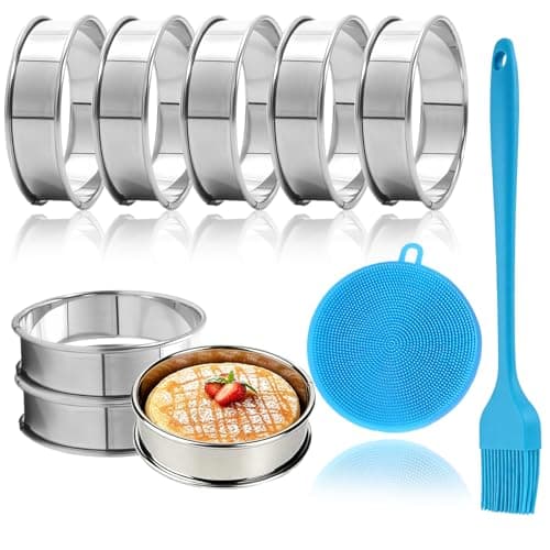 Image of 10 Pcs Crumpet Rings Mould 8 Cm, 8 Pcs Crumpets with Cleaning Brush and Oil Brush, Silvery Egg Rings for Frying Stainless Steel Cooking Rings, Baking Rings Suitable for Kitchen Cooking